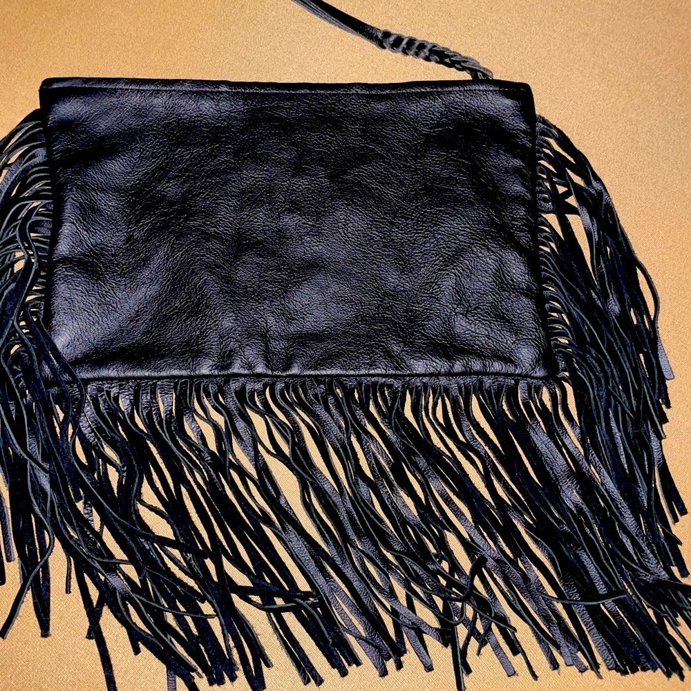 Black leather clutch with fringe!